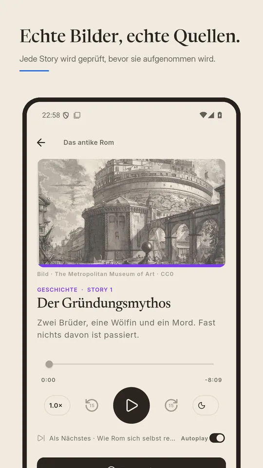 Echte Bilder, echte Quellen: eine Story-Seite mit einem Stich aus dem antiken Rom