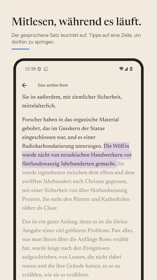 Mitlesen, während es läuft: der gesprochene Satz ist hervorgehoben