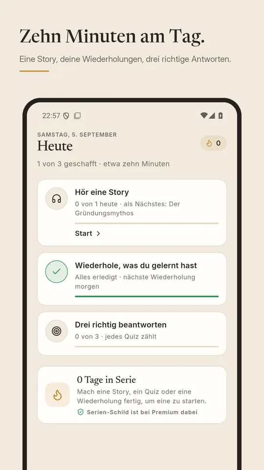 Zehn Minuten am Tag: der Tagesplan mit Story, Wiederholung und drei richtigen Antworten