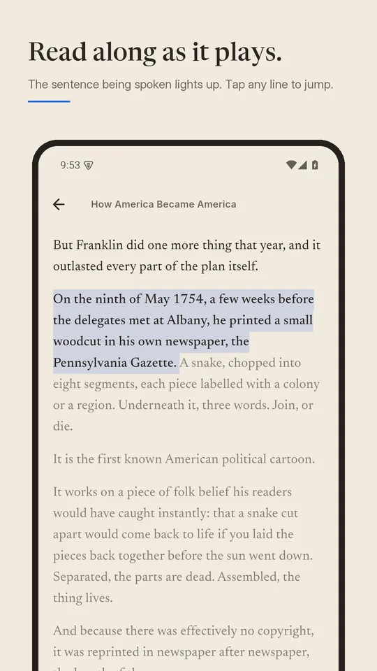 Read along as it plays: the sentence being spoken is highlighted