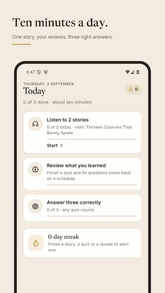Ten minutes a day: today's plan with a story, a review and three right answers